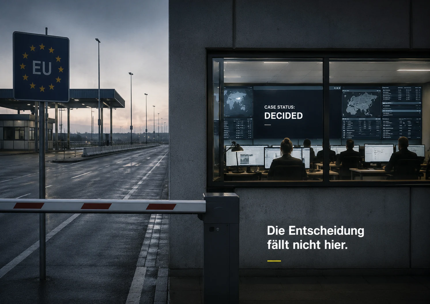 Grenzposten mit Schranke. Schrift im Bild: Die Entscheidung fällt nicht hier.