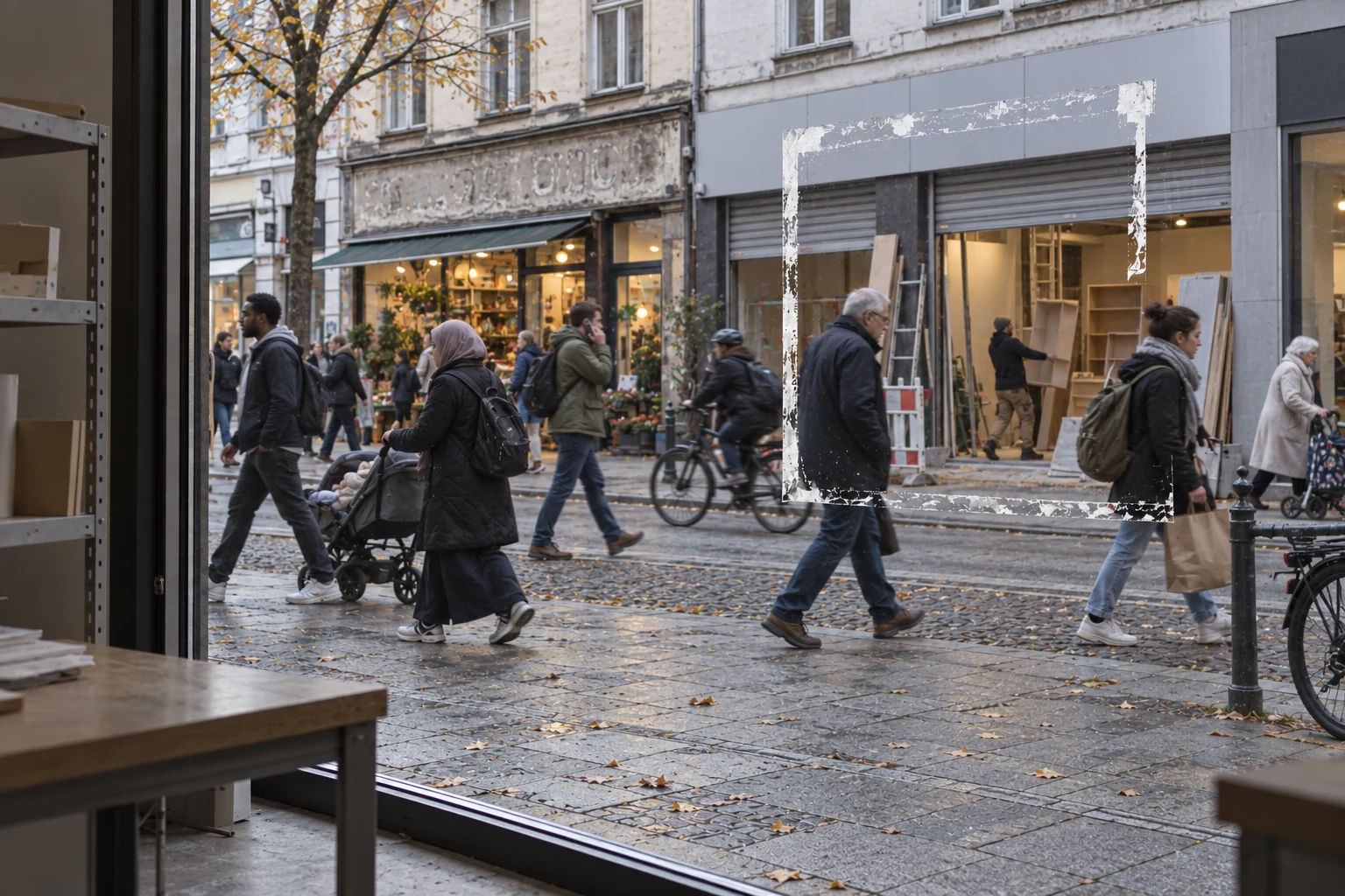 Blick durch ein Schaufenster auf eine belebte Straße